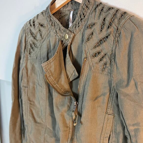 Free People Moto Jacket Cutwork Asymmetrical Zip Green Cropped Jacket SZ 4 EUC - Picture 9 of 12